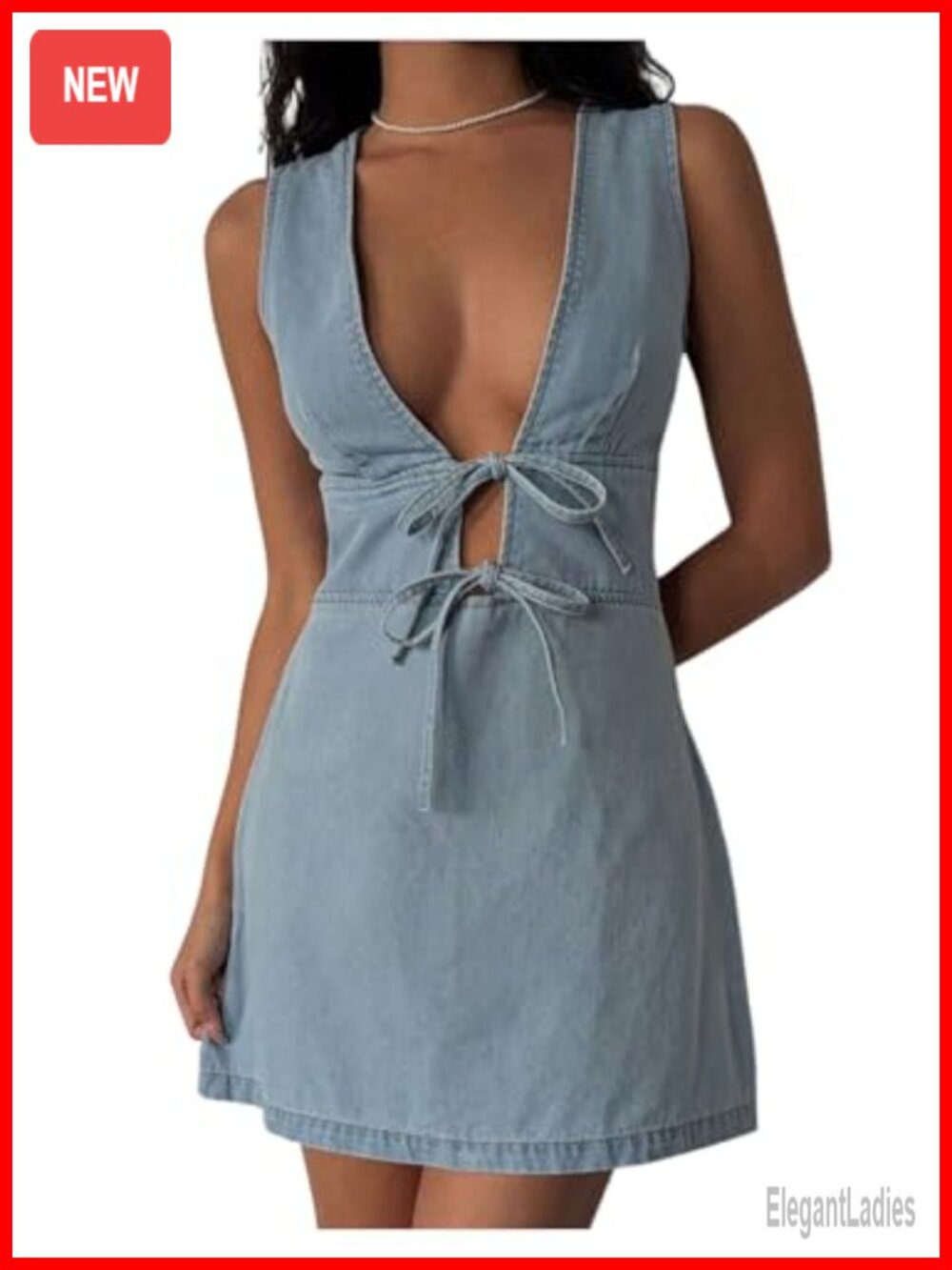 Women's Denim Mini Dress Deep V Neck Bow Tie Front Sleeveless A Line Summer